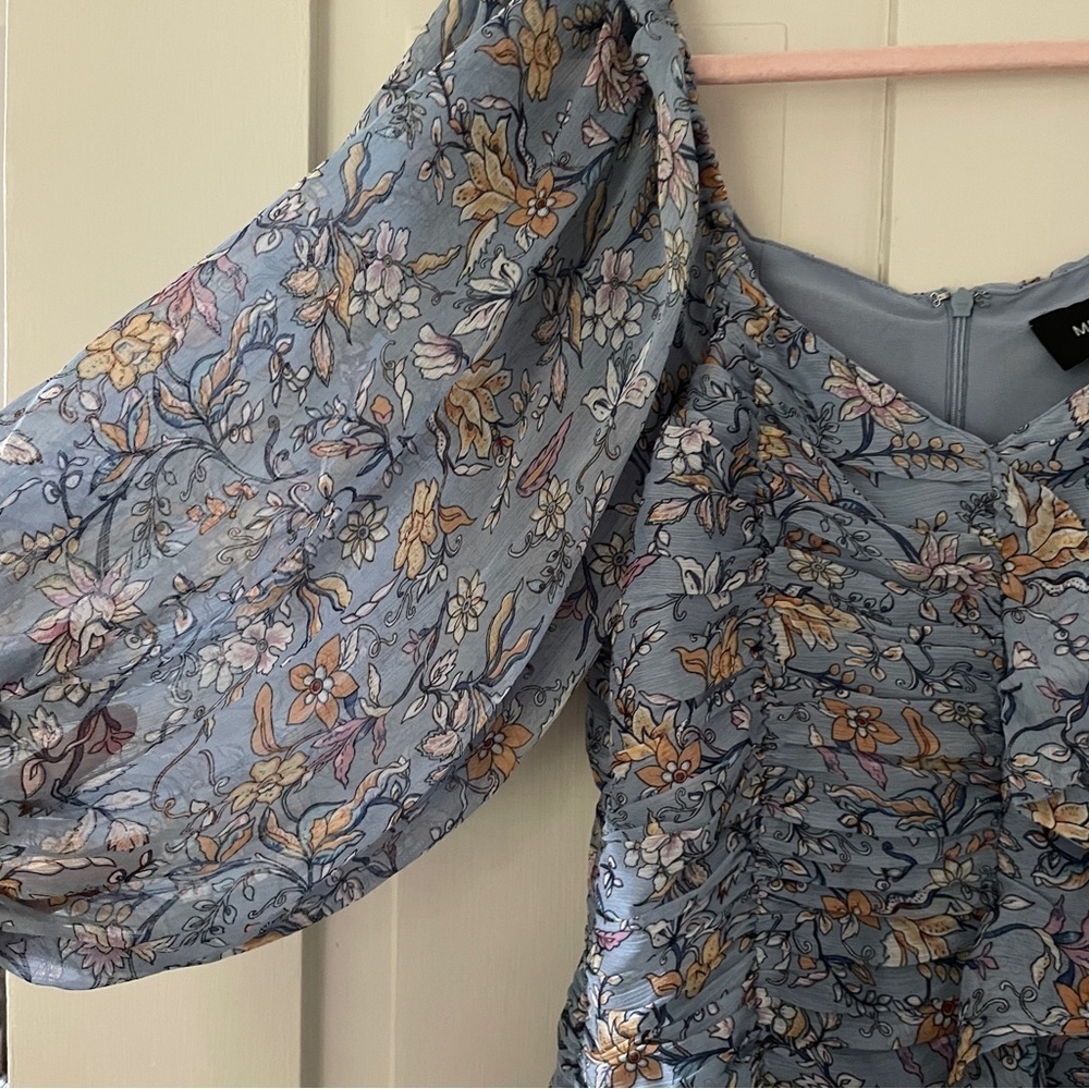 Mink Pink Blue Floral Dahlia Ruched Dress - Picture 13 of 16